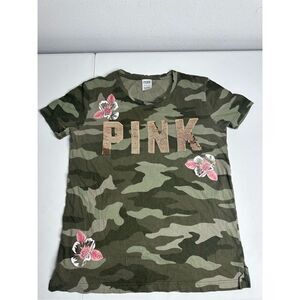 Victoria’a Secret PINK Retired Bling Rose Gold Camo Campus Tee XS
